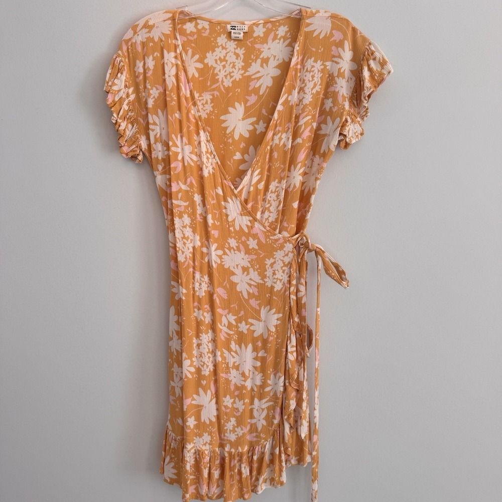 BILLABONG Wrap & Roll Mini Dress Sz S Yellow Floral VNeck Flutter Sleeve Women's